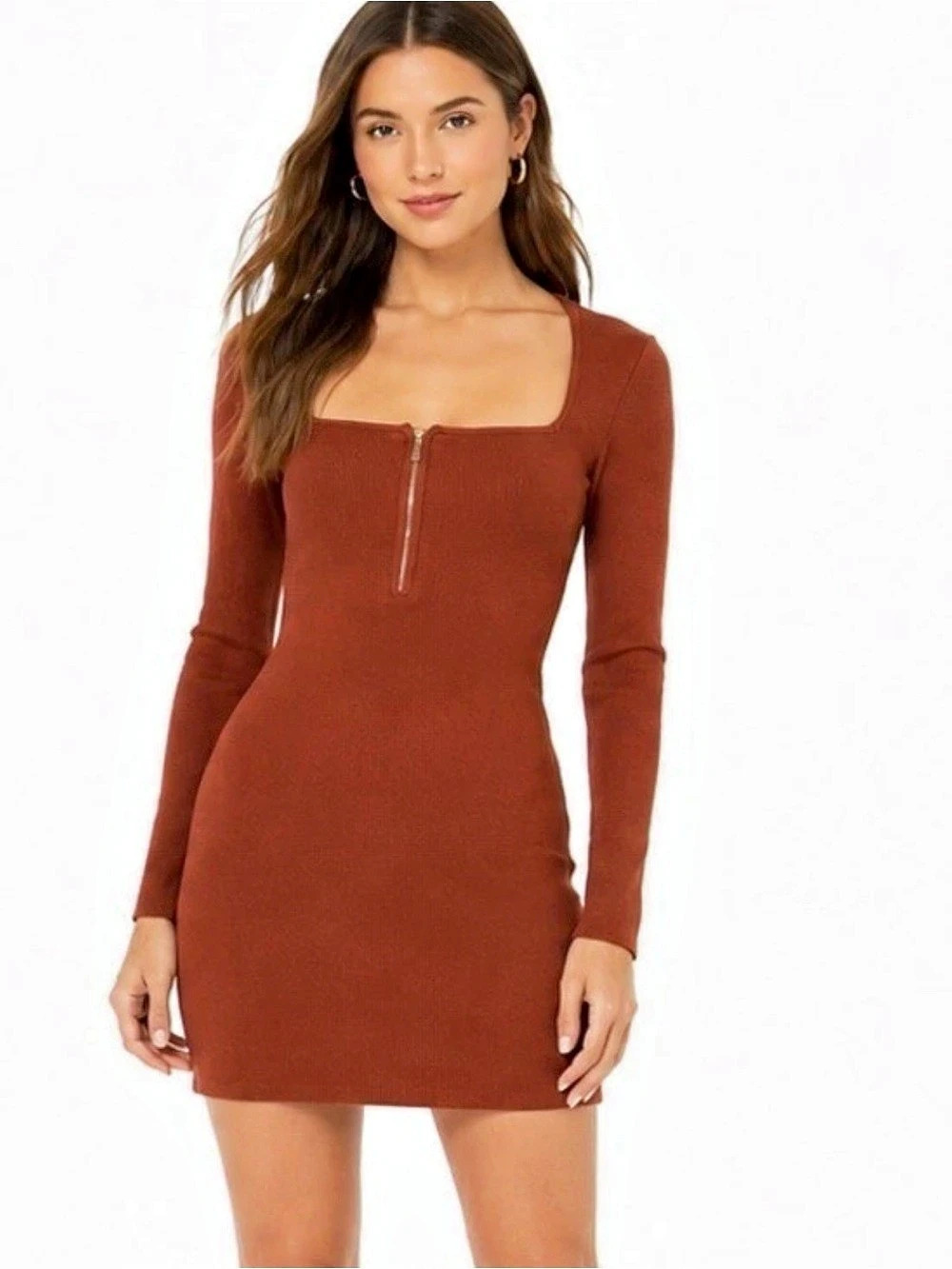 NWT Abercrombie & Fitch Square Neck Half-Zip Mini Sweater Dress Brown Medium